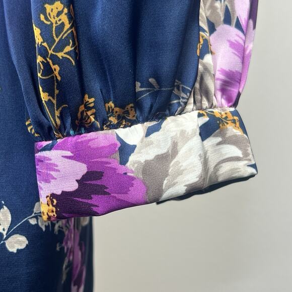 Maggy London Petite Women's Navy Blue Floral Satin Dress 10P Ruched Waist - Picture 13 of 14